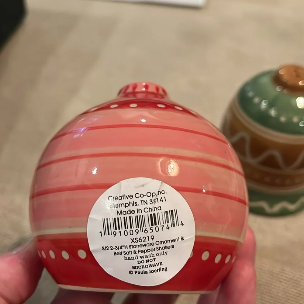 Hand-Painted Ornament & Bell Stoneware Salt & Pepper Shaker/NWT